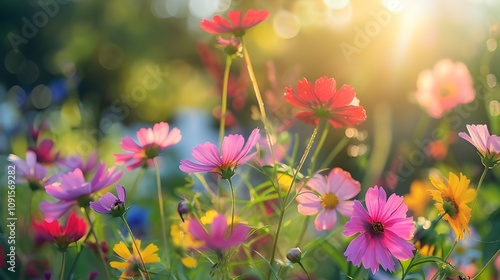 Vibrant summer flowers in a garden, their colors bright under the warm sunlight, evoking cheerful and happy feelings.