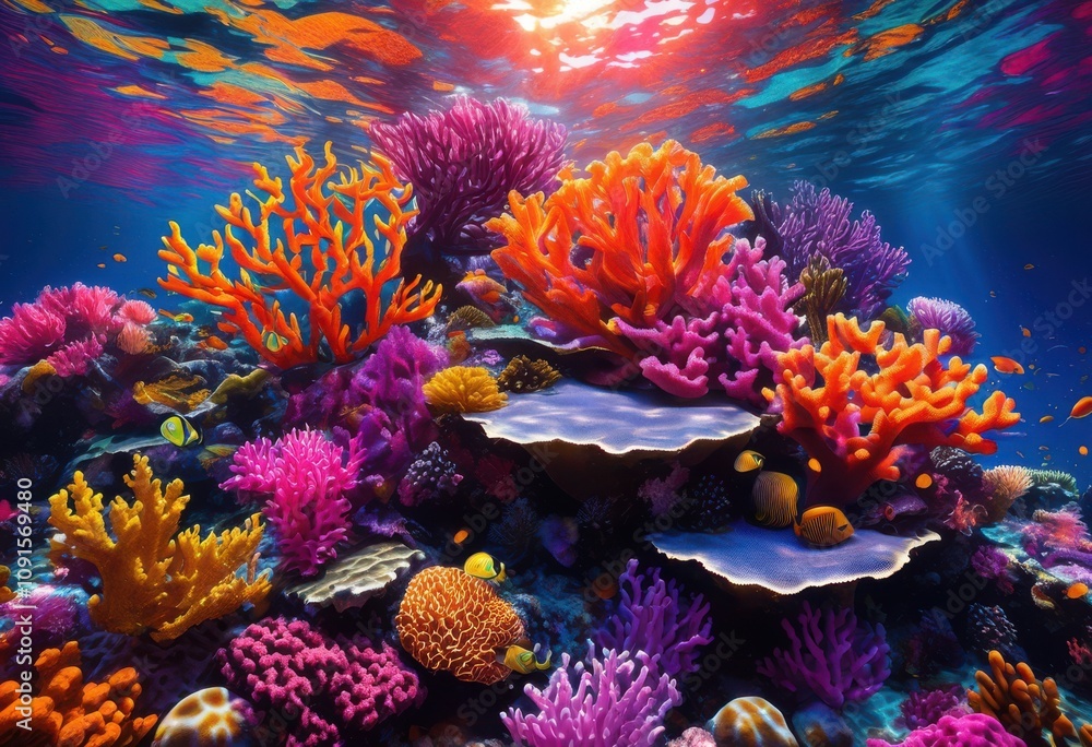 Fototapeta premium stunning close visuals vibrant underwater coral reefs rich colors diverse marine life, aquatic, biodiversity, blue, closeup, coastal, corals, colorful