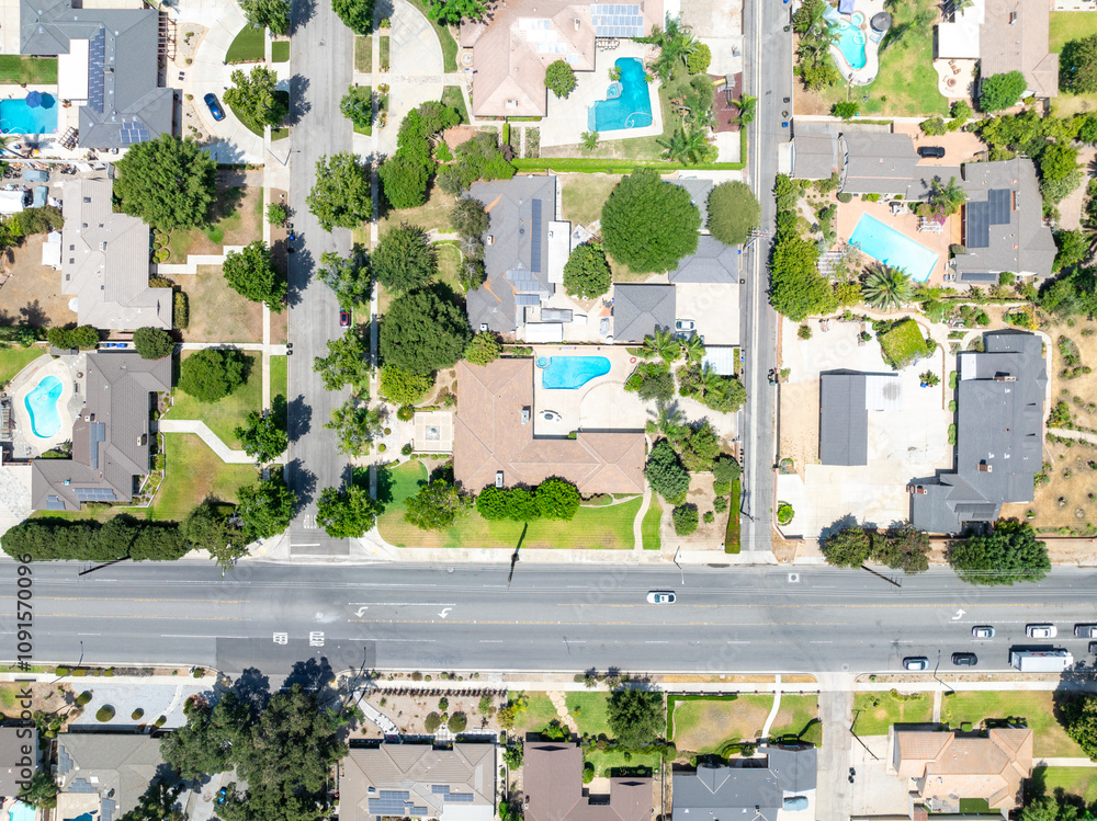 Aerial view of Upland city in San Bernardino County, California, on the border with neighboring Los Angeles County.