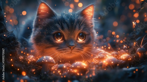 A cute kitten surrounded by glowing mushrooms in a magical, enchanting forest setting.