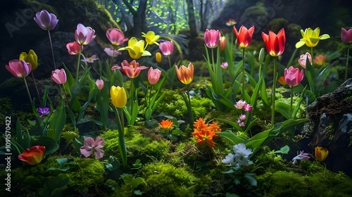 Vibrant tulips and other colorful flowers blooming amidst lush green moss in a serene natural environment, under soft daylight creating a picturesque scene.