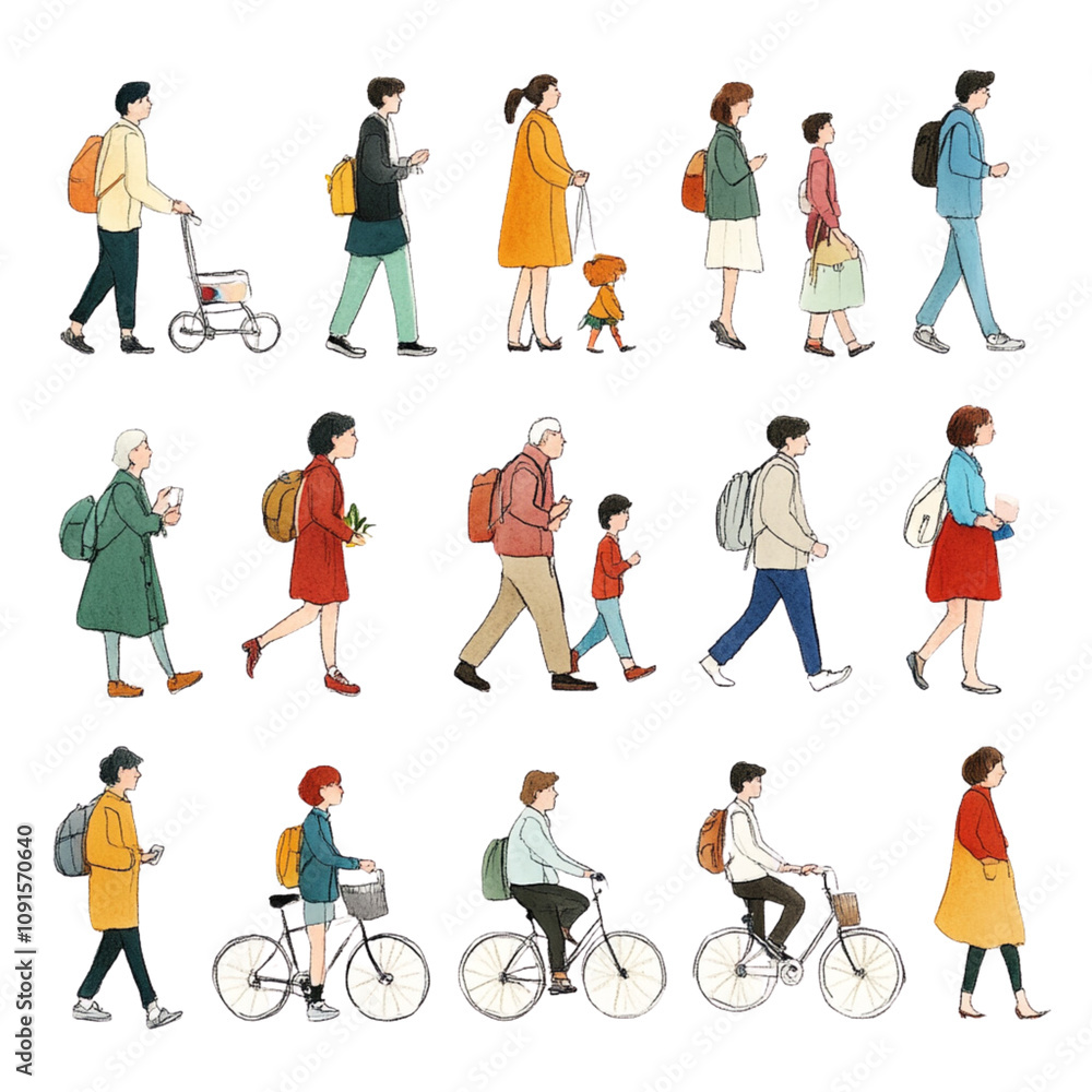 Fototapeta premium diverse group of people walking, biking, and interacting in various outfits and styles, showcasing urban life and daily activities. Isolated on white ,PNG Transparency