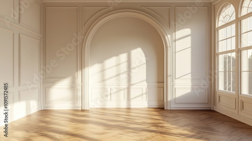 A living room featuring a white arch wall, elegant skirting board, and a warm wooden floor, showcasing interior design aesthetics.