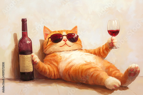 Playful Illustration of a Chubby Cat Lounging with Wine Bottles and Glasses in a Humorous and Whimsical Design photo