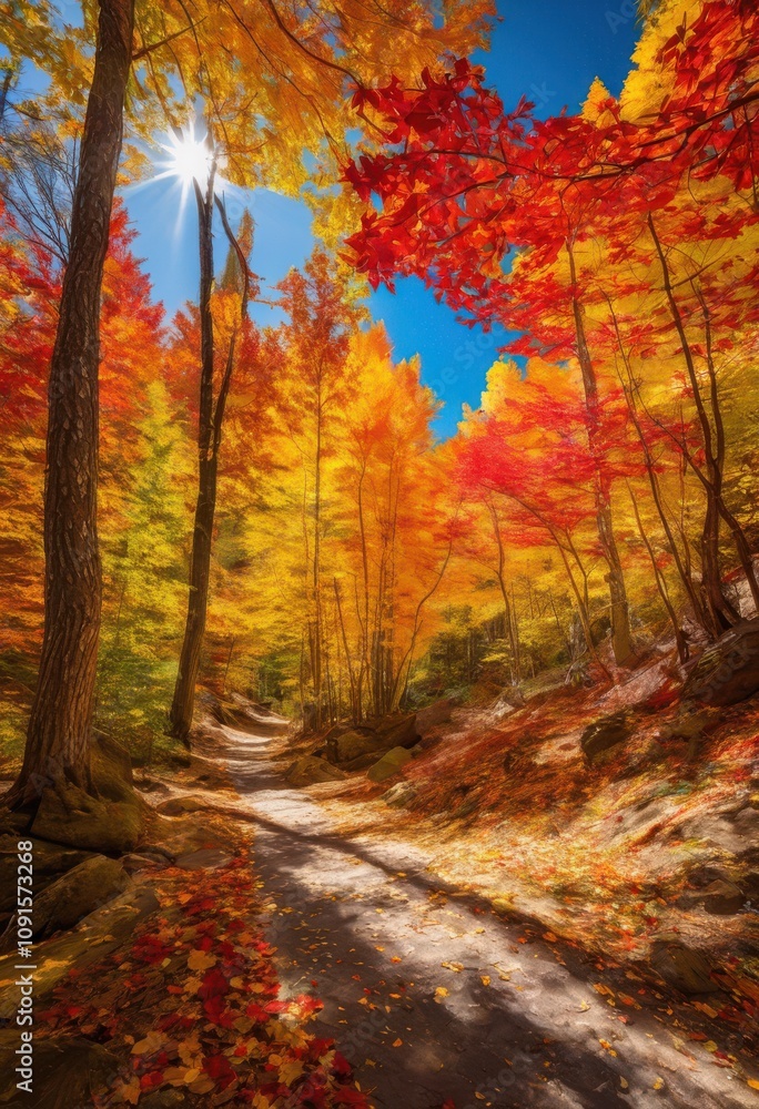 Fototapeta premium vibrant autumn leaves laying across serene mountain path surrounded lush trees clear blue sky, nature, color, landscape, scenery, foliage, trail, outdoors