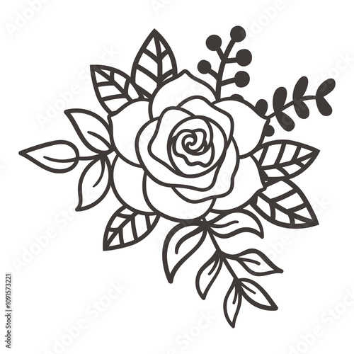Hand-Drawn Rose Composition, Rose design element. Black and white vector illustration.