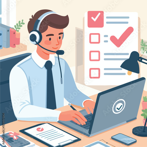 Flat illustration of operator of call center agent or customer service working in headphone and mic sitting at desk with laptop computer checklist and checkmark on a white background