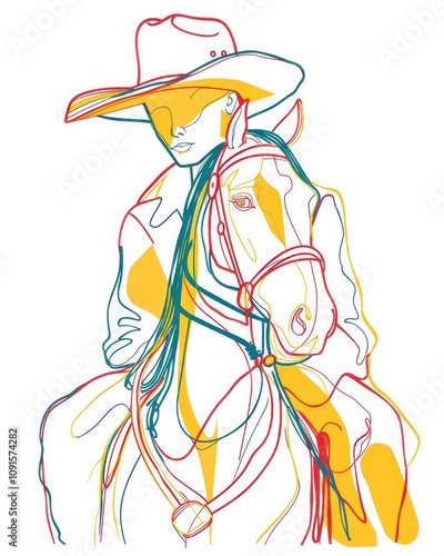 A colorful line drawing of a cowboy on a horse, showcasing movement and style. photo