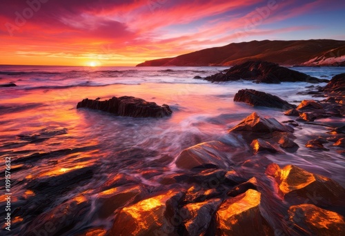 vibrant landscape sunrise radiant colors serene waves capturing beauty, nature, sky, ocean, vibrancy, water, horizon, light, morning, clouds, reflection photo