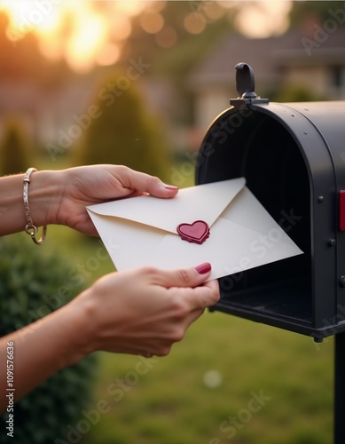 Person placing a sealed envelope with a wax heart seal into a mailbox at sunset photo