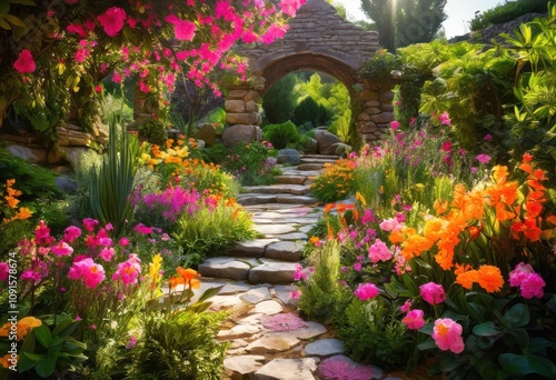 vivid explosive garden scene featuring lush floral blooms rough textured stone pathways natural materials beautifully designed outdoor space, aesthetic photo