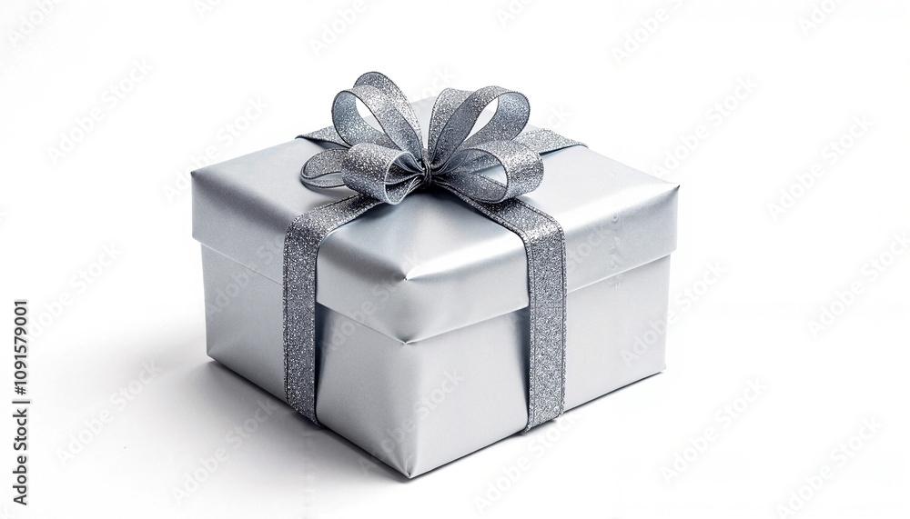 Obraz premium Stylish silver gift box with a shimmering ribbon and bow on a white background