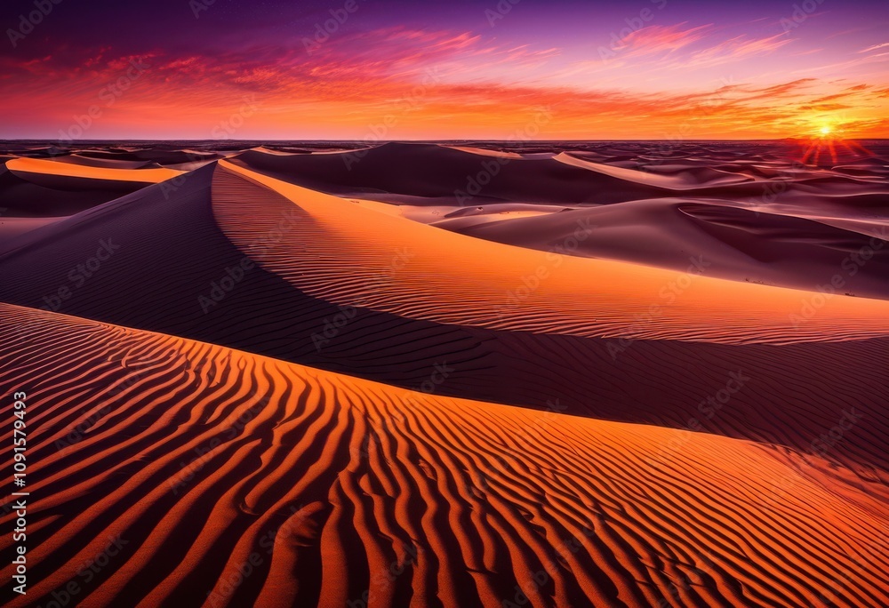 Naklejka premium expansive sand dunes bathed warm sunset glow vibrant orange purple sky hues, desert, clouds, horizon, landscape, nature, waves, texture, illumination, light