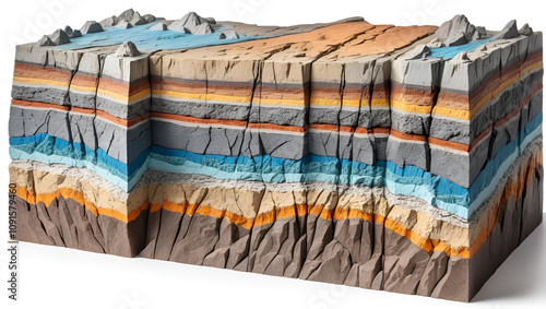 Normal anticlines and synclines model in geology. Concordant and Discordant Strata rock model isolated on white background. photo