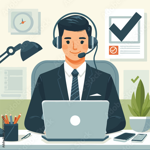 Flat illustration of operator of call center agent or customer service working in headphone and mic sitting at desk with laptop computer checklist and checkmark on a white background