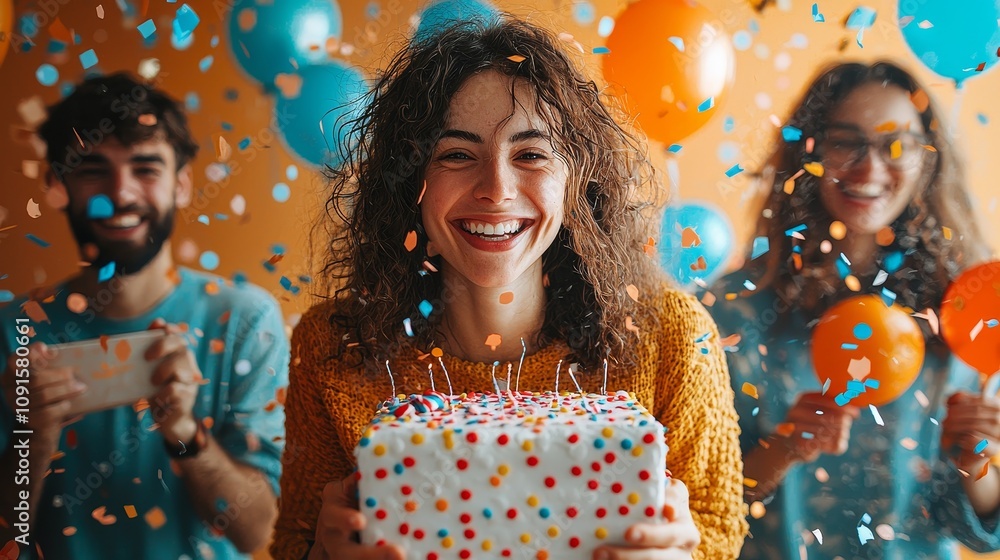 Obraz premium Joyful celebration with friends and a birthday cake surrounded by confetti
