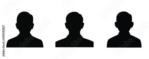 Set of three black silhouette icons of male busts in different styles, isolated on a white background. Ideal for profile pictures, avatars, or placeholders in design projects