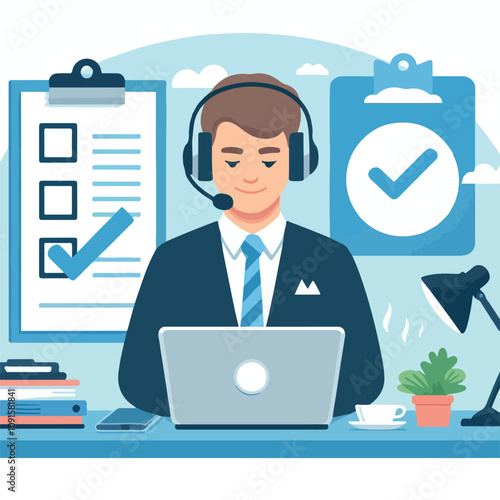 Flat illustration of operator of call center agent or customer service working in headphone and mic sitting at desk with laptop computer checklist and checkmark on a white background