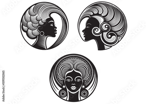 afro american woman vector silhouette illustration, Set of silhouette afro girl, afro american woman logo head, African american woman hairstyle vector, vector illustration isolated on white backgroun