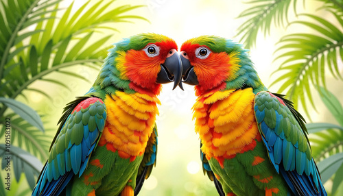 Two colorful parrots touching beaks in a lush tropical setting