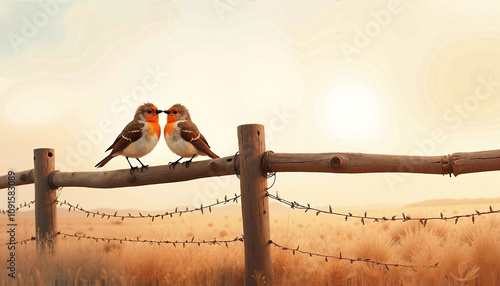 Two birds touching beaks on a rustic fence at sunset