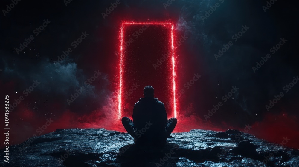 Obraz premium A man sits on a cliff with open arms, waiting for the gates of hell to open in front of him, because of his sins and mistakes. The background is tense, red and dark, cinematic, dramatic
