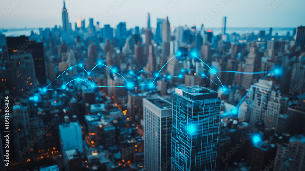 Obraz premium Smart digital Innovation Business skyscrapers in the Financial District with connection network reciprocity over the cityscape. of future smart wireless digital city and social media networking