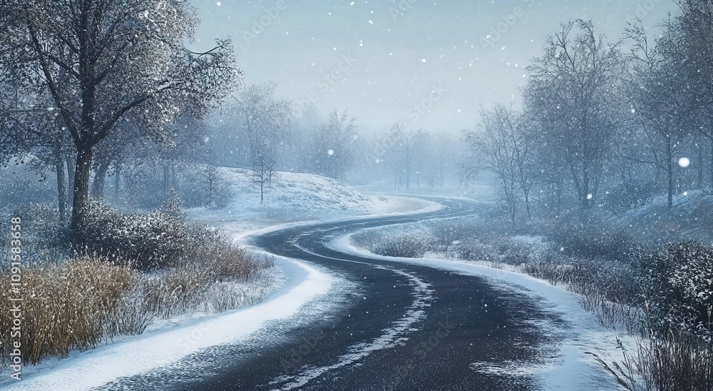 Fototapeta premium A snowy road with trees on both sides