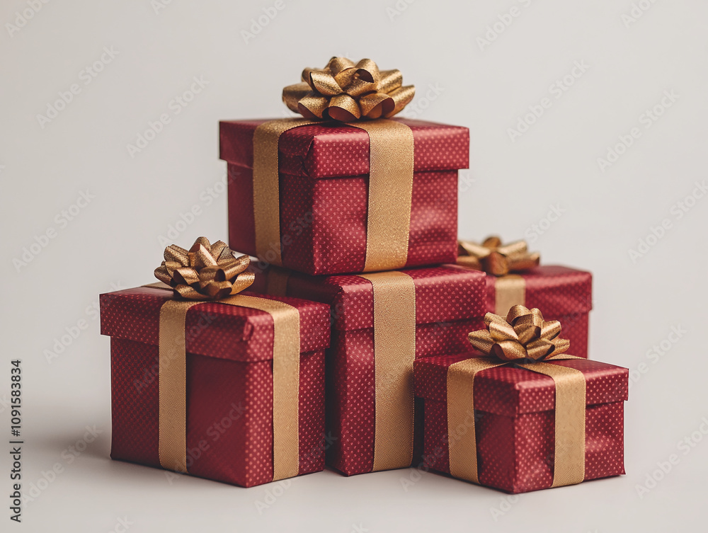 Obraz premium Elegant Red Holiday Boxes Topped with Gold Ribbons Pile of Festive Red Gift Boxes with Golden Bows