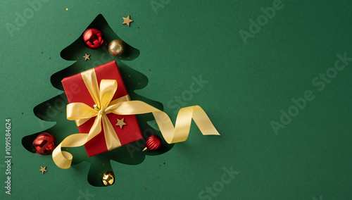 A top view festive red gift box wrapped in a golden ribbon lies on a green background shaped like a Christmas tree, surrounded by holiday ornaments