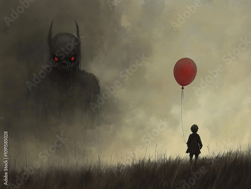 Haunting Illustration of a Child Holding a Red Balloon Amidst Dark Shadows and Eerie Figures, Contrasting Innocence and Fear photo