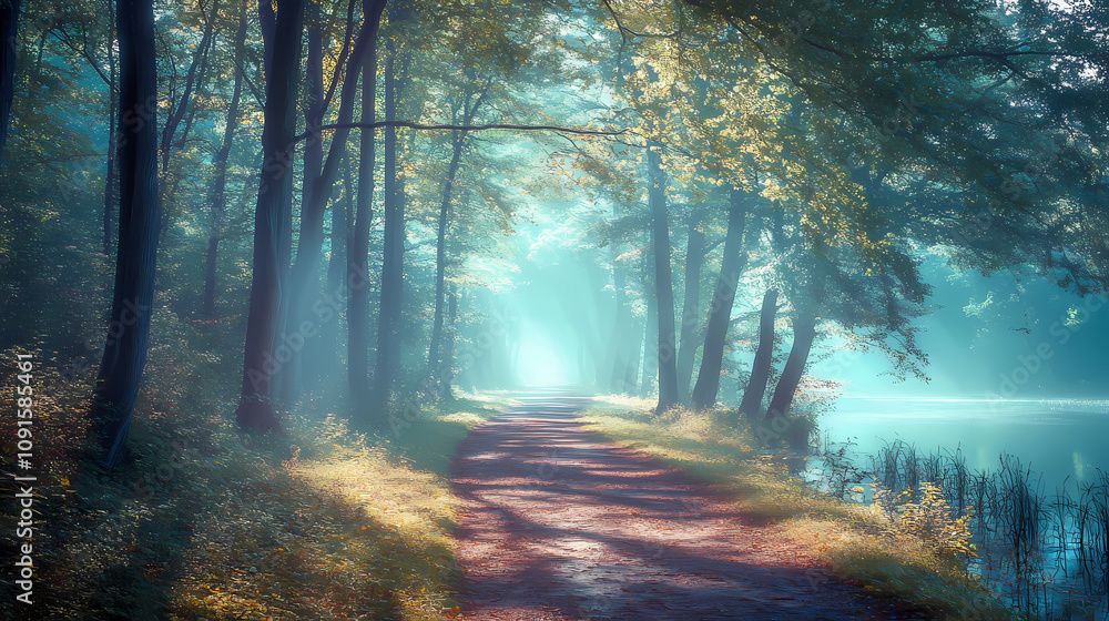 Obraz premium Mystical foggy forest path with towering trees and calm waters. Shaded Forest Trail. Illustration