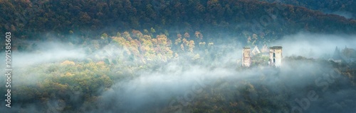 фотографія wide-angle panorama of autumn forest with waves of fog and ruins of castle in co