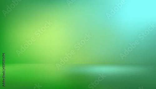 Studio room gradient of blue and yellow-green abstract background patterns, bright reflective walls and floors, and  blurred colors sense of nature, environment and ecology.