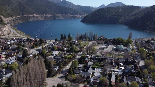 Aerial view of the city of San Martín de Los Andes and Lake Lácar, Patagonia, Argentina
