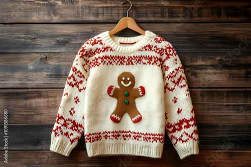 Festive ugly sweater with gingerbread design on rustic wooden background