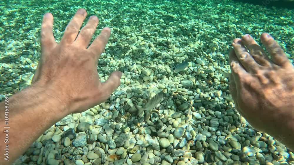 Diving and swimming in the clear waters of the Mediterranean Sea. Man paddling with his hands underwater. POV underwater shot, split level, slow motion