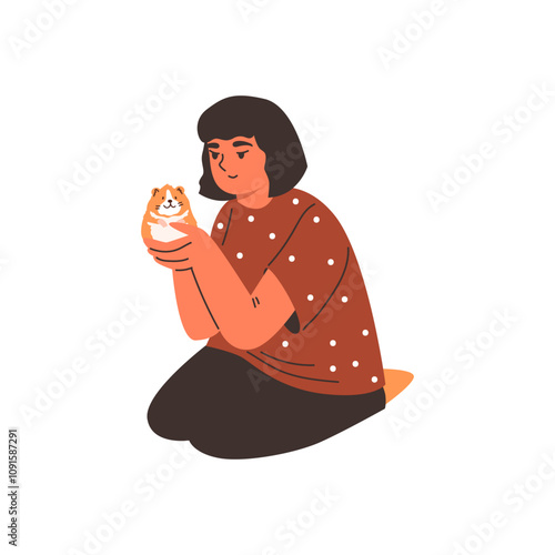 Vector illustration of a teenage girl sitting and holding a small red hamster in her hands.