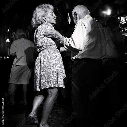 Black-and-White Image of Elderly People Dancing and Socializing at a Nightclub, Showcasing Joy and Timeless Energy photo