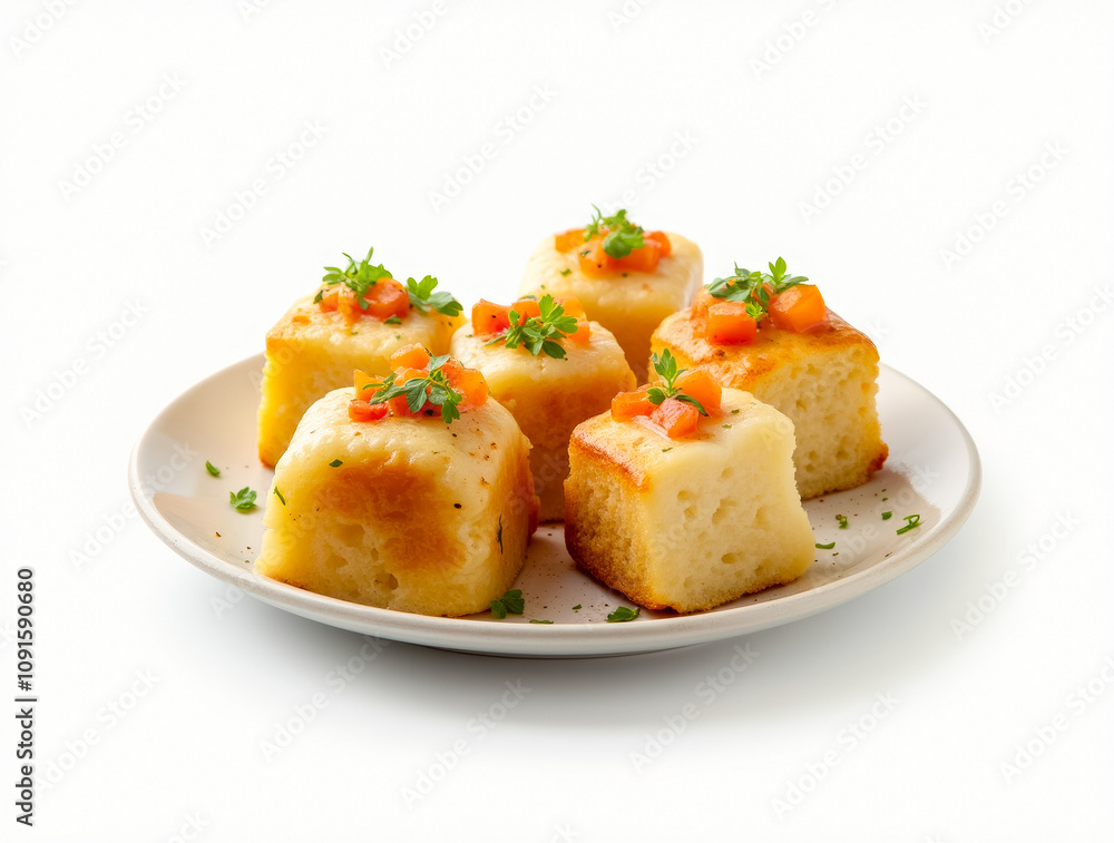 Delicious bread squares garnished with diced tomatoes and herbs served on a simple white plate Delicious bread squares garnished with diced tomatoes and herbs served on a simple white plate