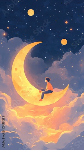 Dreamy nightscape with boy sitting on crescent moon among stars and clouds photo