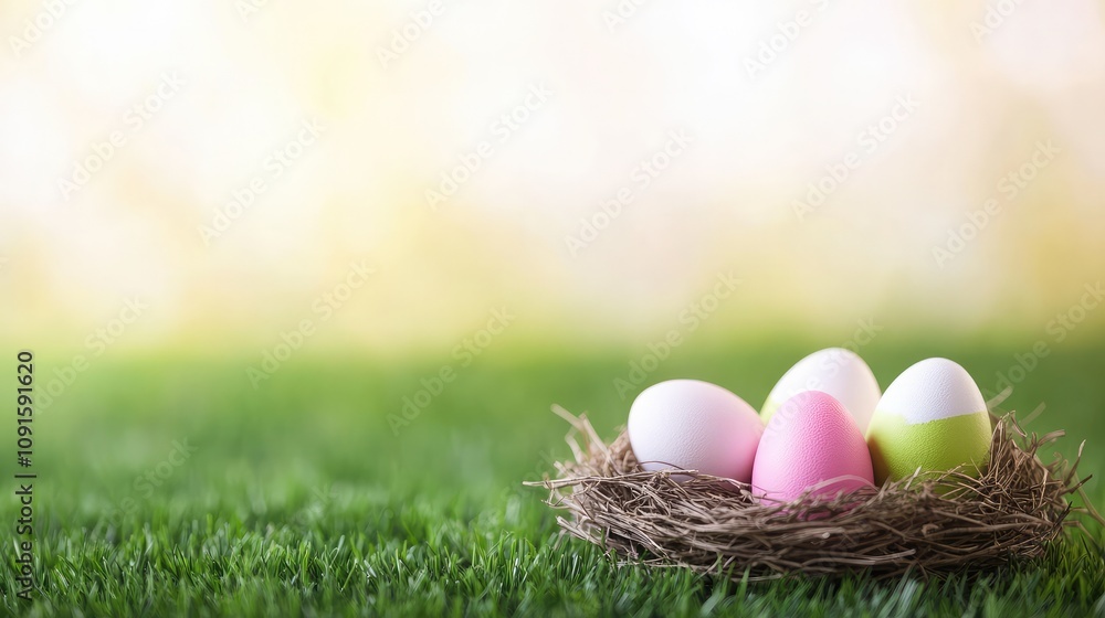 Obraz premium Easter Background with Colorful Eggs in a Nest on Green Grass, Perfect for Festive Designs