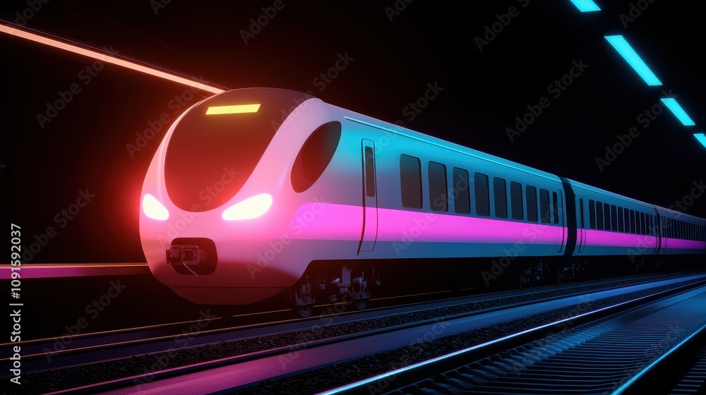 Fototapeta premium Futuristic Neon Train Arriving at Night Station