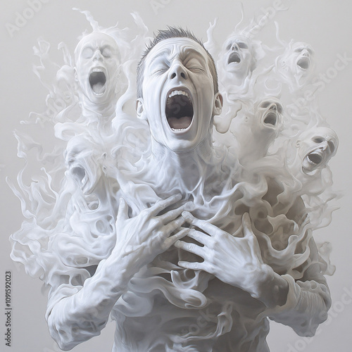 Dramatic Illustration of a Person Screaming with Ghostly Figures Emerging from Their Body, Conveying Fear and Ethereal Energy photo