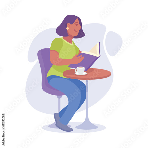 Young Female Reading Book Sitting at Cafe Table Vector Illustration