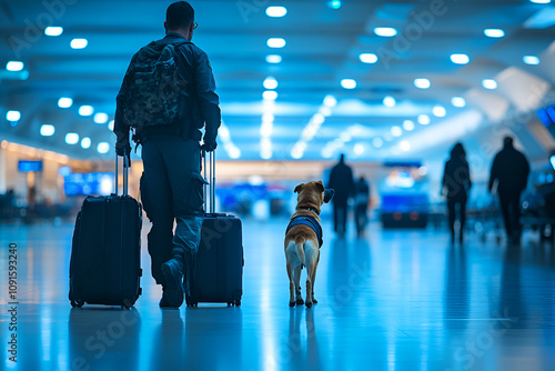 Customs officer walking with a detection dog and luggage in a brightly lit airport terminal at night photo