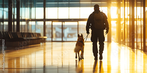 Customs officer and detection dog walking through an airport terminal at sunrise with golden light