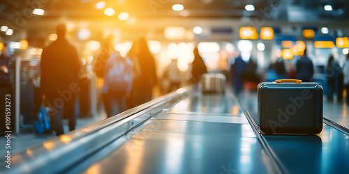 Close-up of a black suitcase on an airport conveyor belt with blurred background and bright warm lighting photo