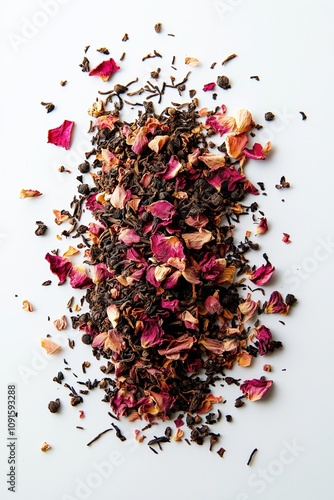 Loose black tea leaves mixed with rose petals and dried herbs, textured and aromatic composition on a white background, natural and vibrant, vertical arrangement, selective focus


