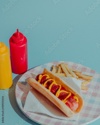 hot dog with mustard and ketchup